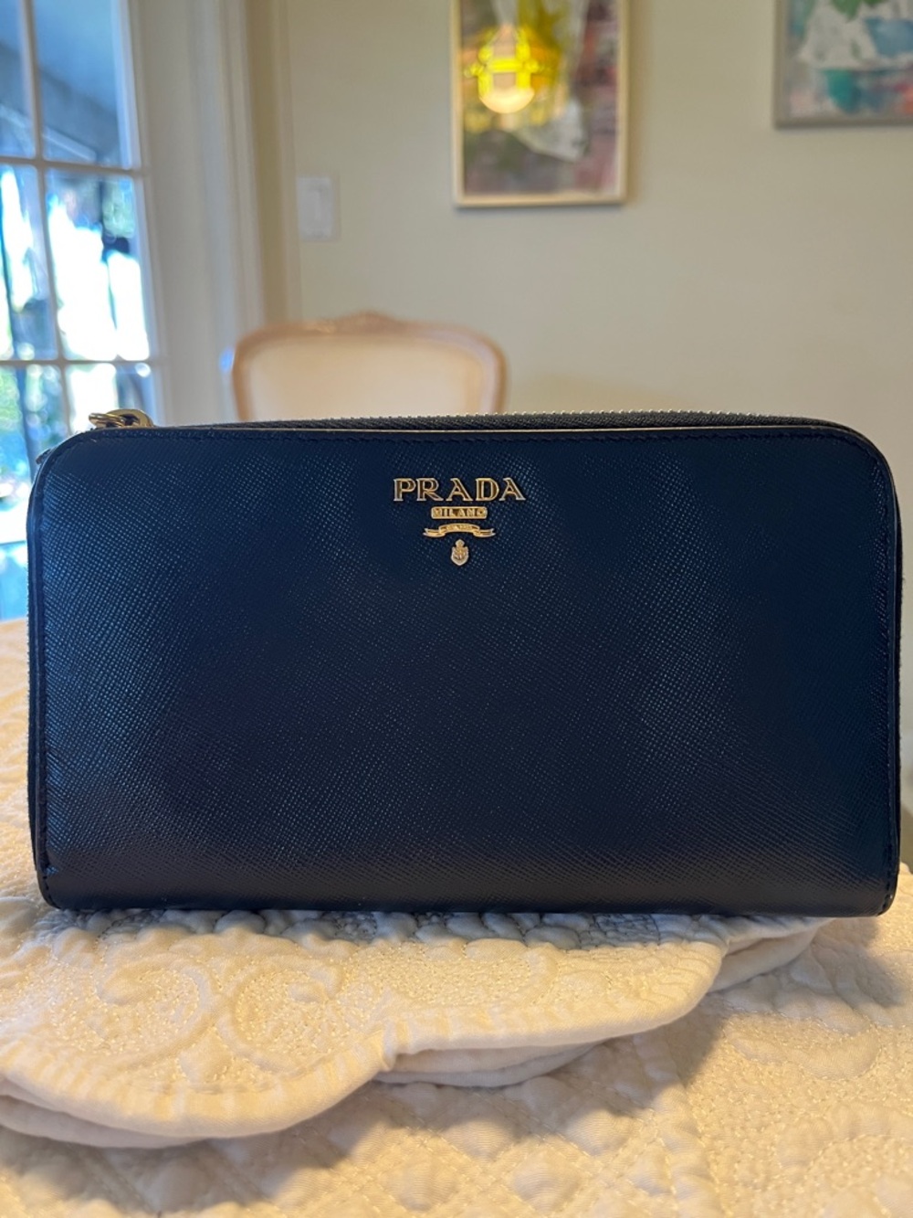 Prada Saffiano Wallet.Navy Blue